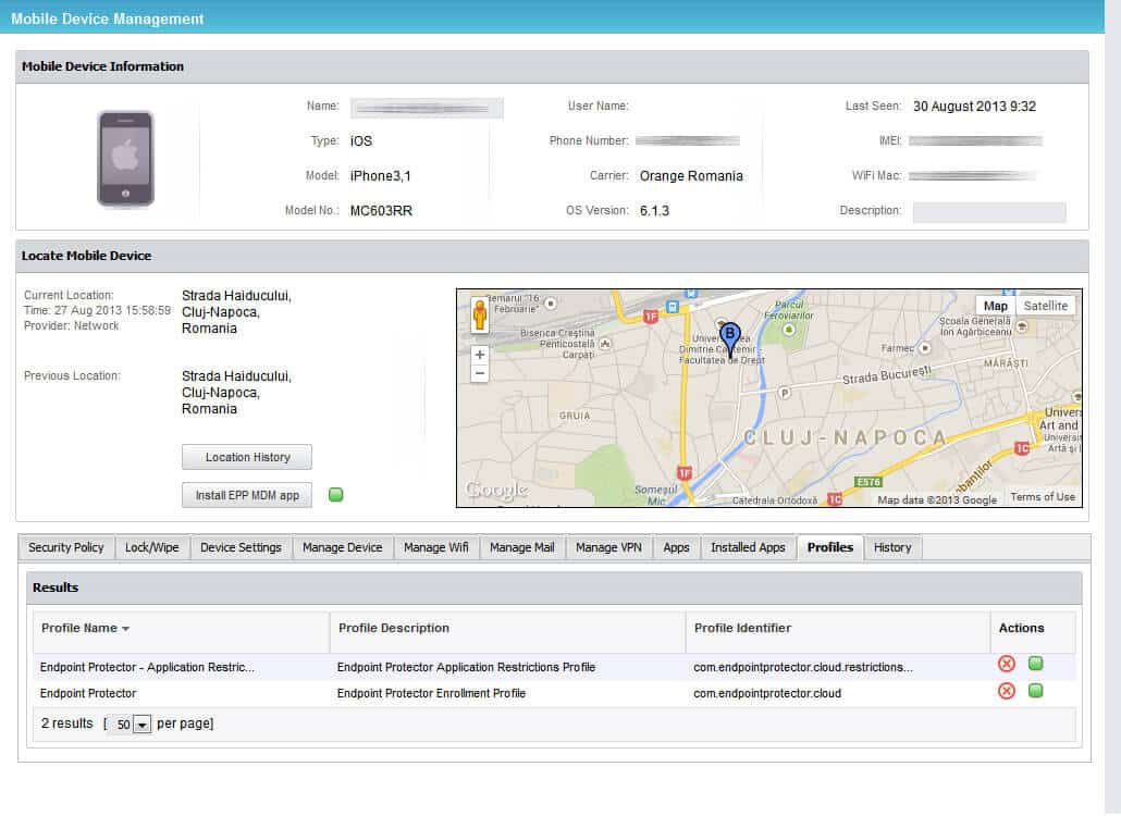 Endpoint Protector 4 - Ecran Gestion des mobiles